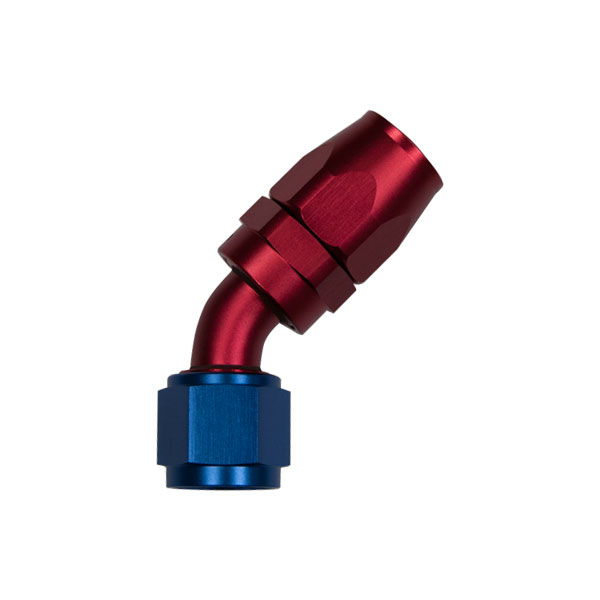 Raccord 45 degrs femelle concave tournant JIC UNF/durite tresse inox - Coloris bleu-rouge