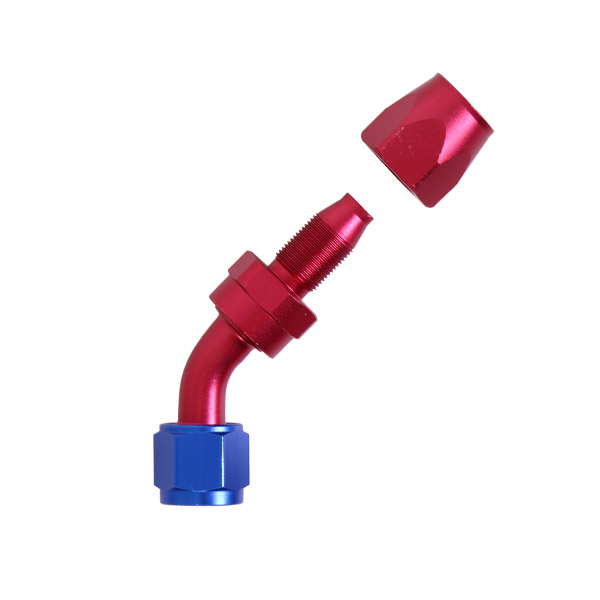 Raccord 45 degrs femelle concave tournant JIC UNF/durite tresse inox - Coloris bleu-rouge