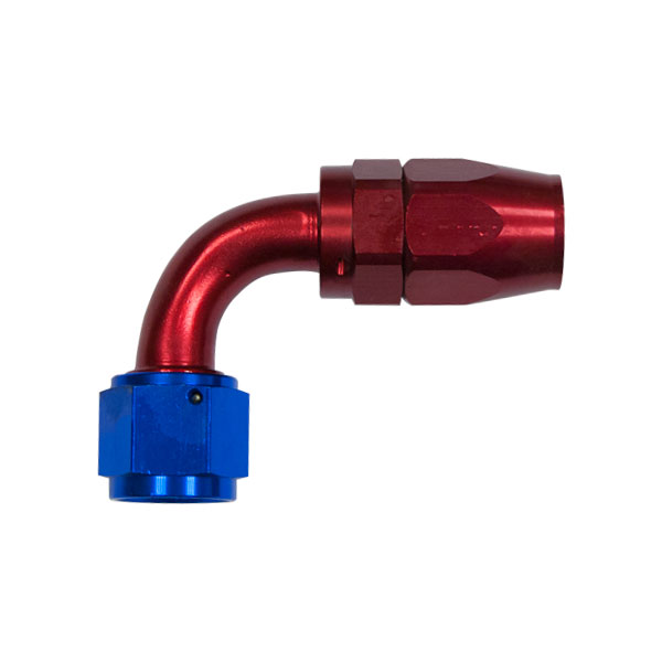 Raccord 90 degrs femelle concave tournant JIC UNF/durite tresse inox - Coloris bleu-rouge