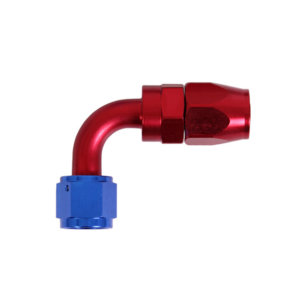 Raccord 90 degrs femelle concave tournant JIC UNF/durite tresse inox - Coloris bleu-rouge