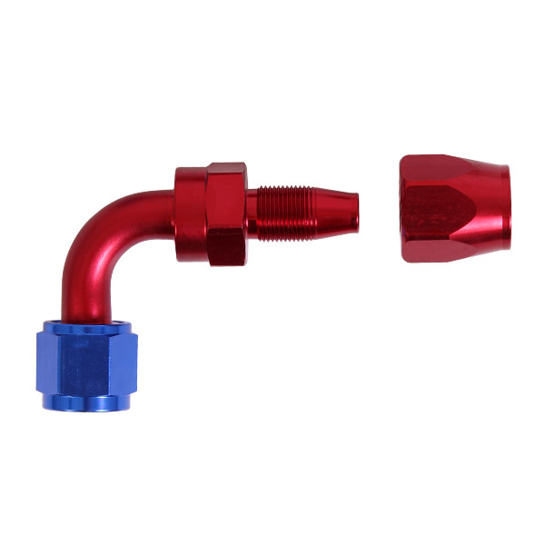 Raccord 90 degrs femelle concave tournant JIC UNF/durite tresse inox - Coloris bleu-rouge
