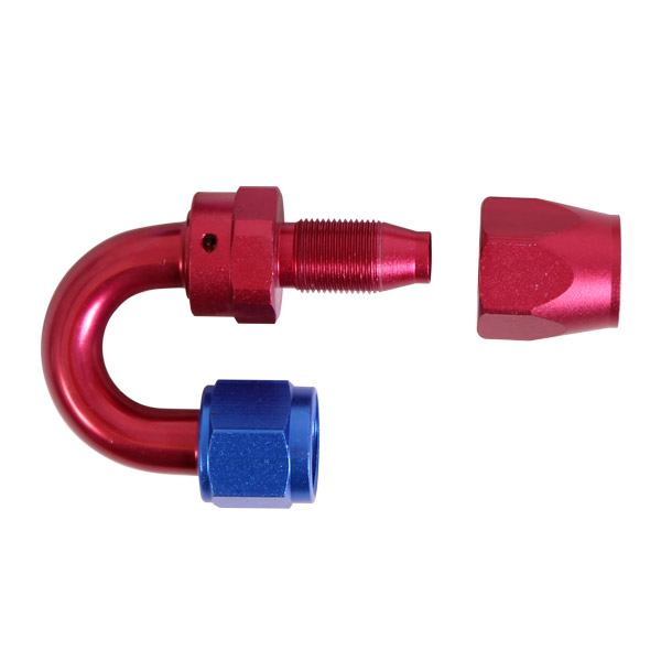 Raccord 180 degrs femelle concave tournant JIC UNF/durite tresse inox - Coloris bleu-rouge