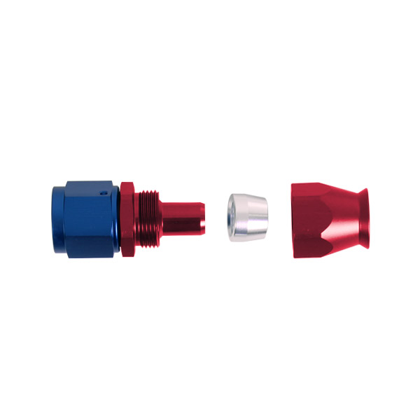 Adaptateur droit femelle concave tournant JIC UNF/durite PTFE - Coloris bleu-rouge