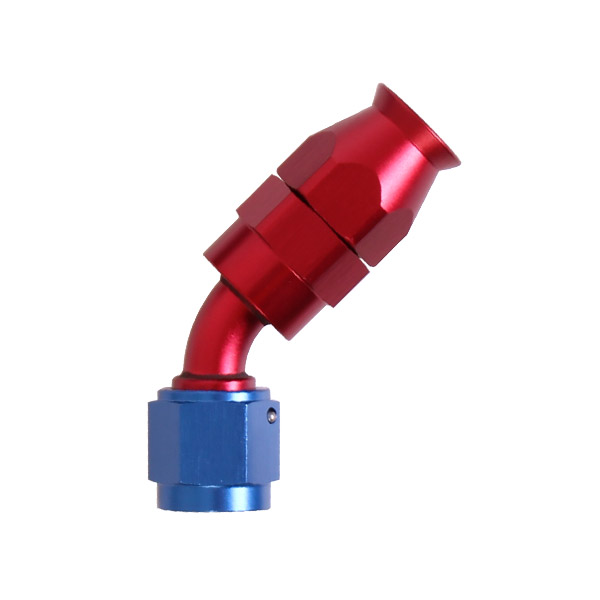 Adaptateur 45 degrs femelle concave tournant JIC UNF/durite PTFE - Coloris bleu-rouge