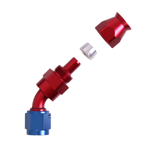 Adaptateur 45 degrs femelle concave tournant JIC UNF/durite PTFE - Coloris bleu-rouge