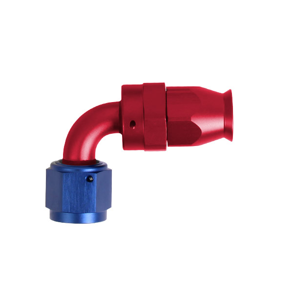 Adaptateur 90 degrs femelle concave tournant JIC UNF/durite PTFE - Coloris bleu-rouge