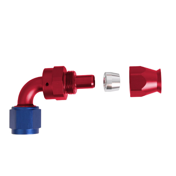Adaptateur 90 degrs femelle concave tournant JIC UNF/durite PTFE - Coloris bleu-rouge