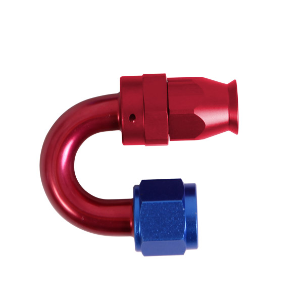 Adaptateur 180 degrs femelle concave tournant JIC UNF/durite PTFE - Coloris bleu-rouge
