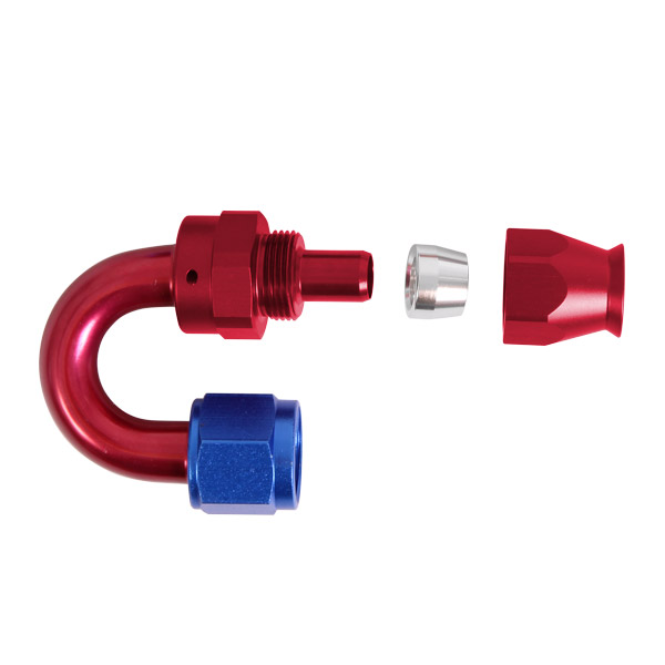 Adaptateur 180 degrs femelle concave tournant JIC UNF/durite PTFE - Coloris bleu-rouge