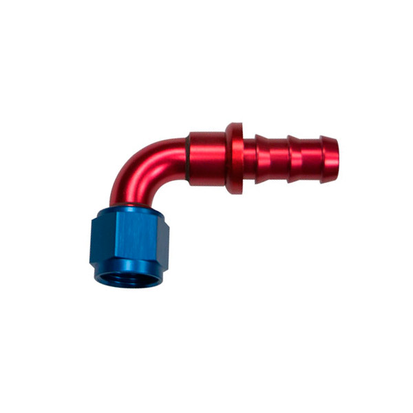 Adaptateur 90 degrs femelle concave JIC UNF/durite - Coloris bleu-rouge